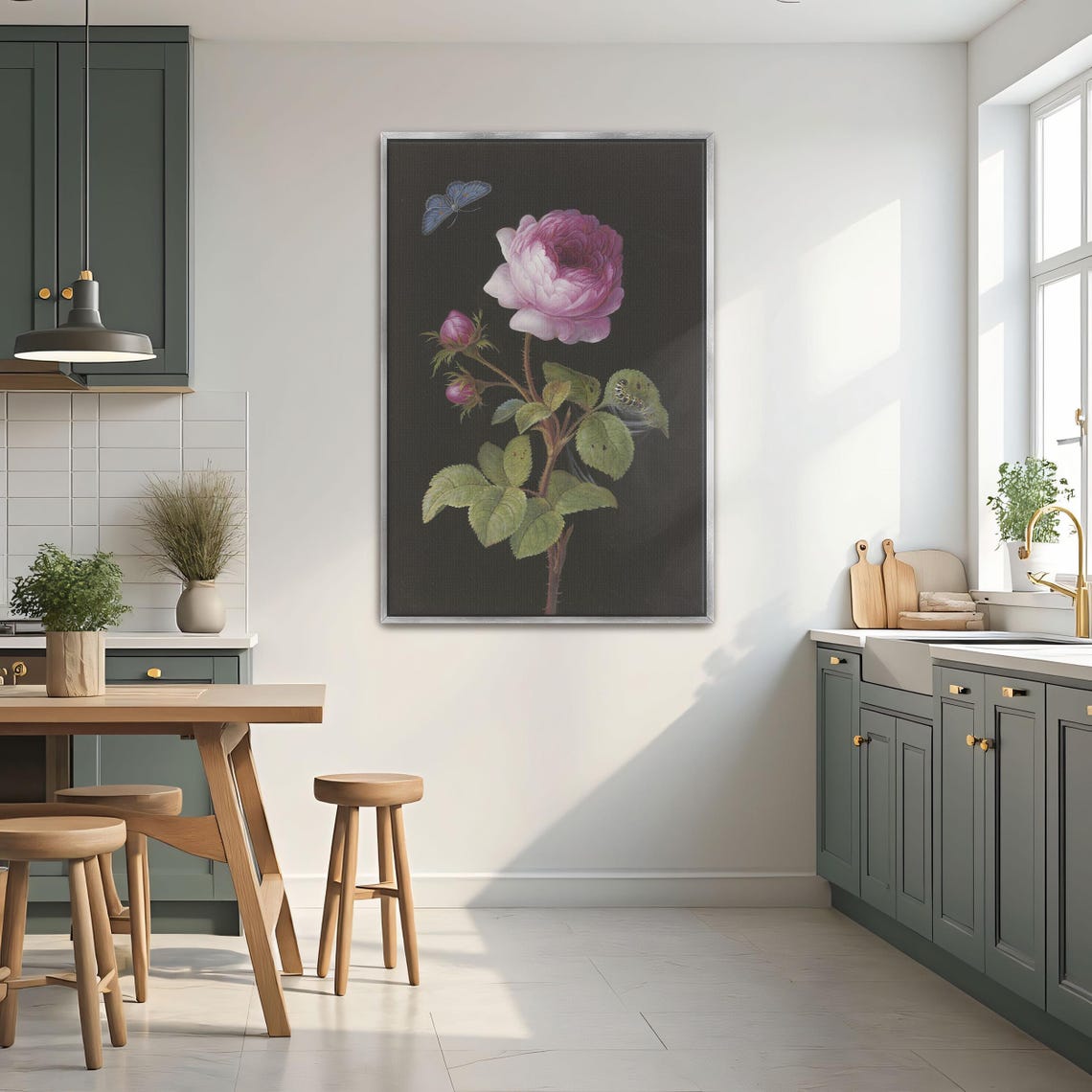 Large Framed Print Of Pink Rose Butterfly Caterpillar Botanical Fine Art Print Pink And Green Kitchen Art Print - Image 2
