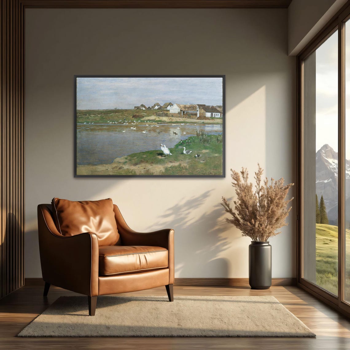 Framed Wall Art Of Village With Geese On A Lake Landscape Wall Art Green And Blue Bedroom Art White And Brown Farmhouse Fine Art Print - Image 4