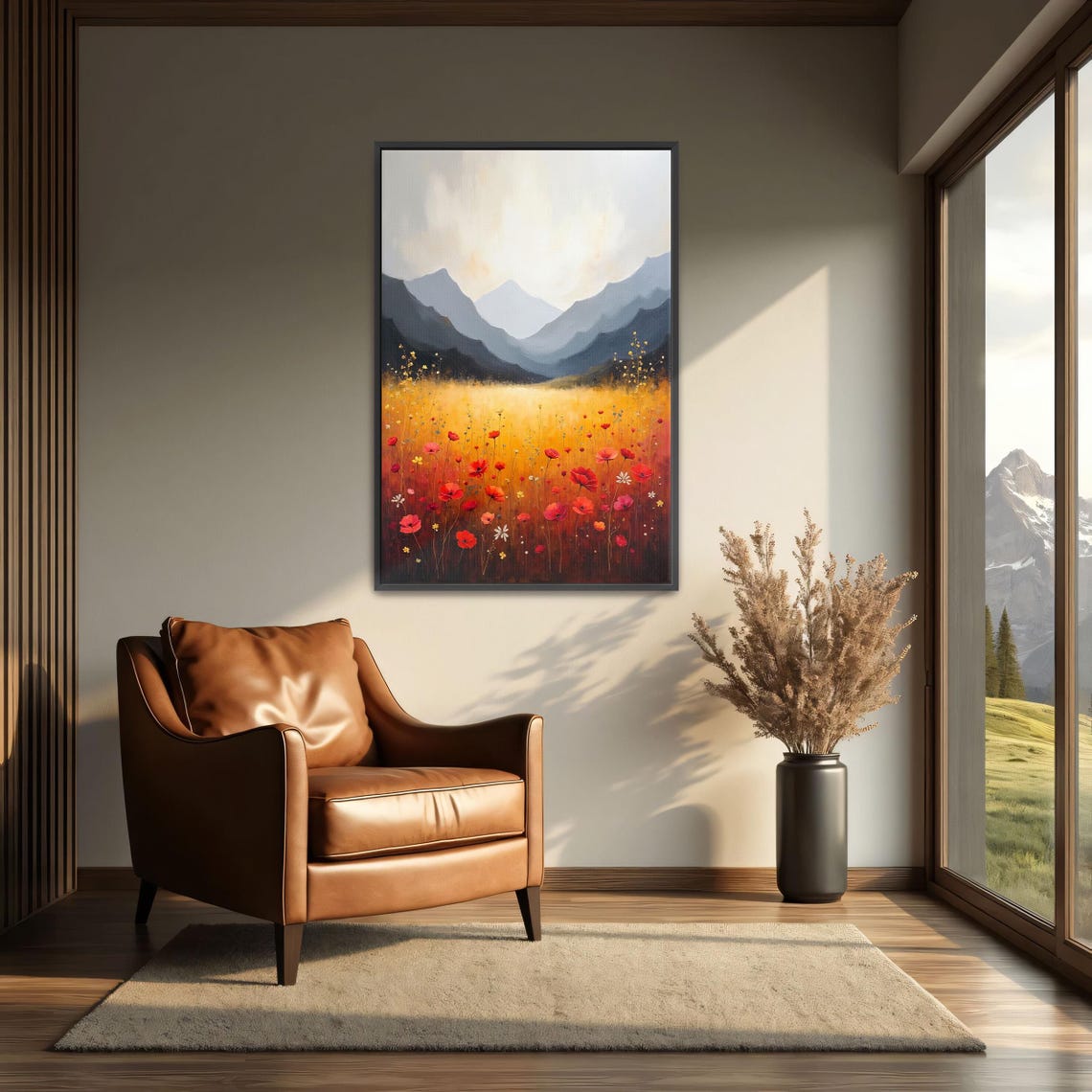 Golden Mountain Meadow with Red Poppies Rustic Landscape Poster - Image 3
