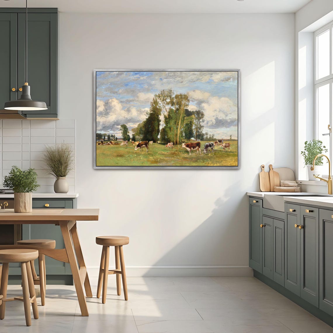 Cows Grazing Under Big Clouds Green Pasture Landscape Poster