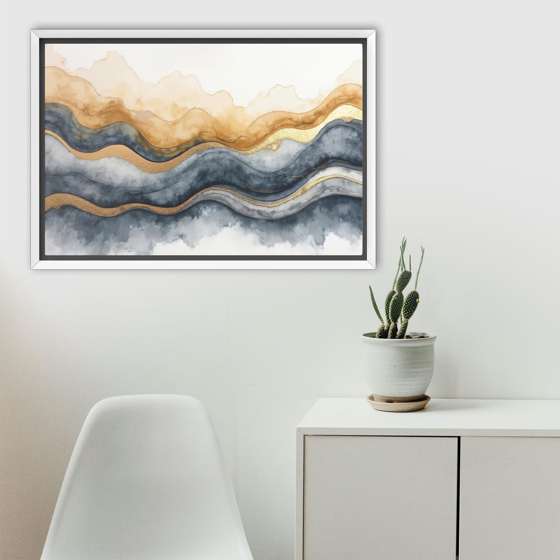 Navy Blue And Gold Watercolor Waves Abstract Modern Decor Poster - Image 2