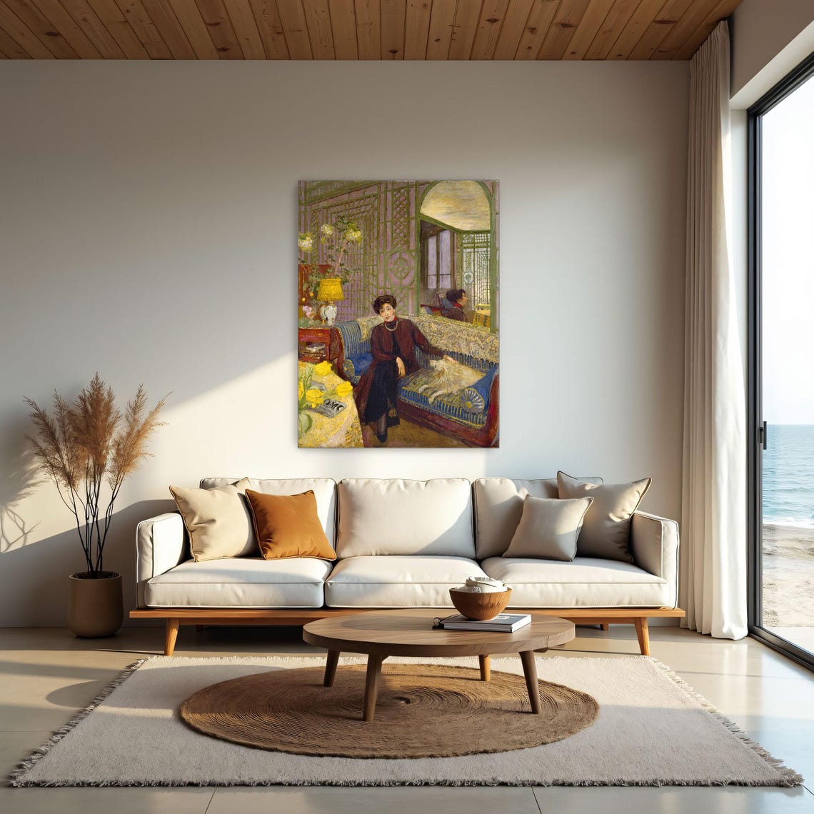 Framed Print Of Woman With Dog On A Blue Couch Portrait Print Blue And Brown Bedroom Art Print Bohemian Oil Painting - Image 2