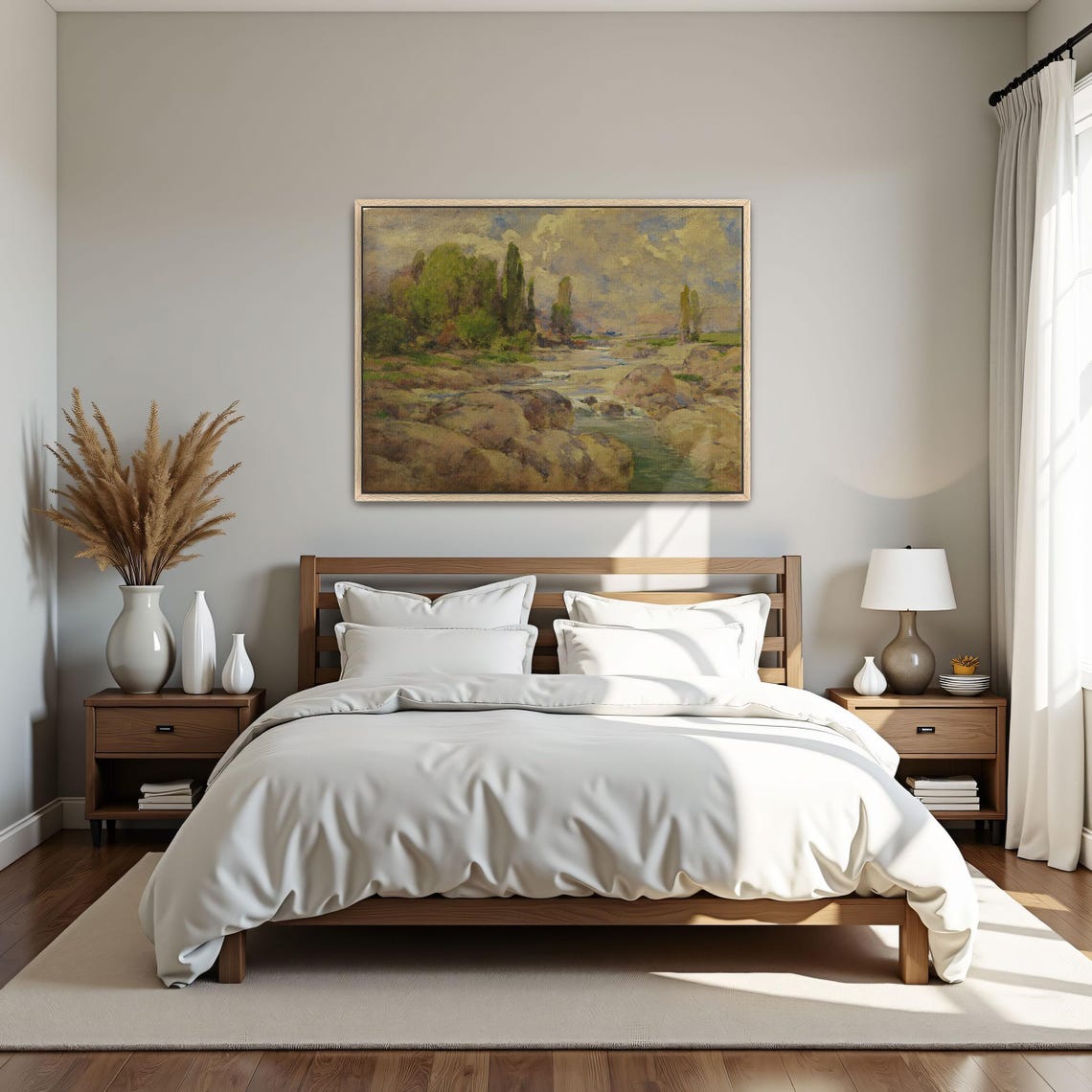 Rocky Riverbed with Green Trees under Cloudy Skies Landscape Poster - Image 5