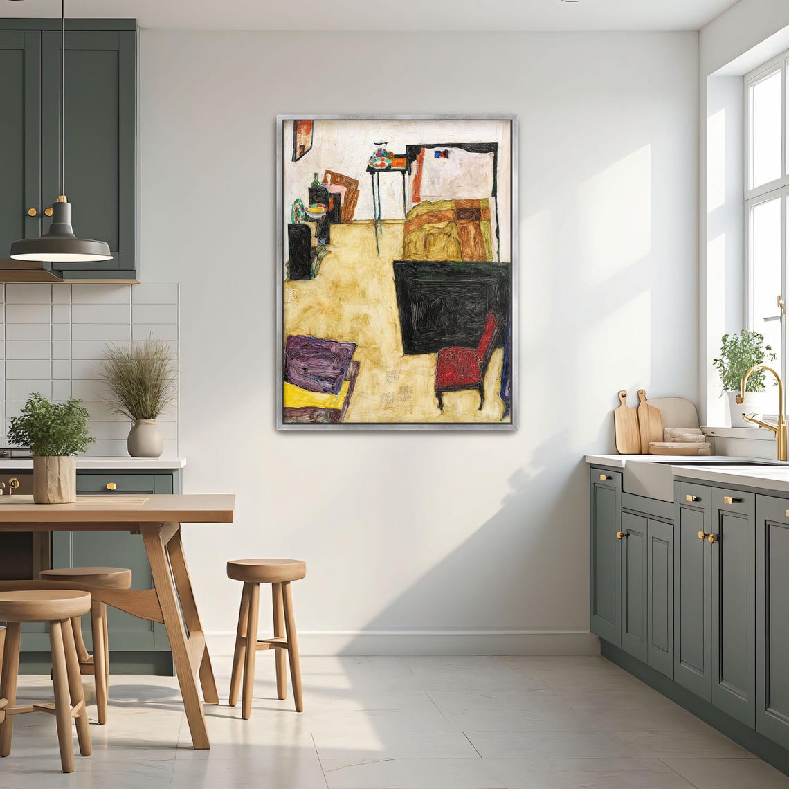 Framed Wall Art Of A Room With A Bed Chair And Table Geometric Print Brown And Beige Living Room Art Print Abstract Artwork - Image 2