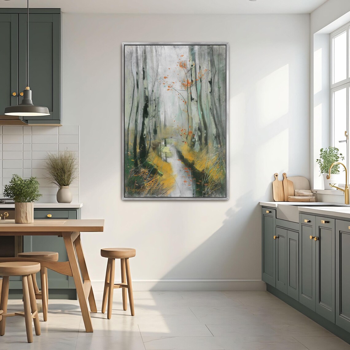 Golden Autumn Birch Forest Beside A Winding Stream Art Poster