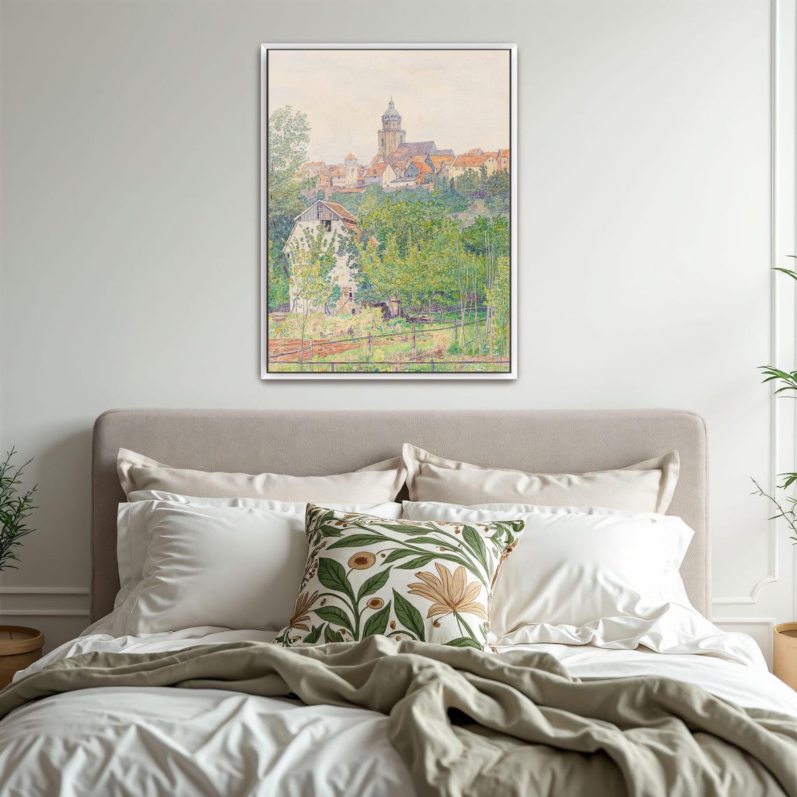 Village Landscape With Church Tower Rustic Watercolor Art Poster - Image 3