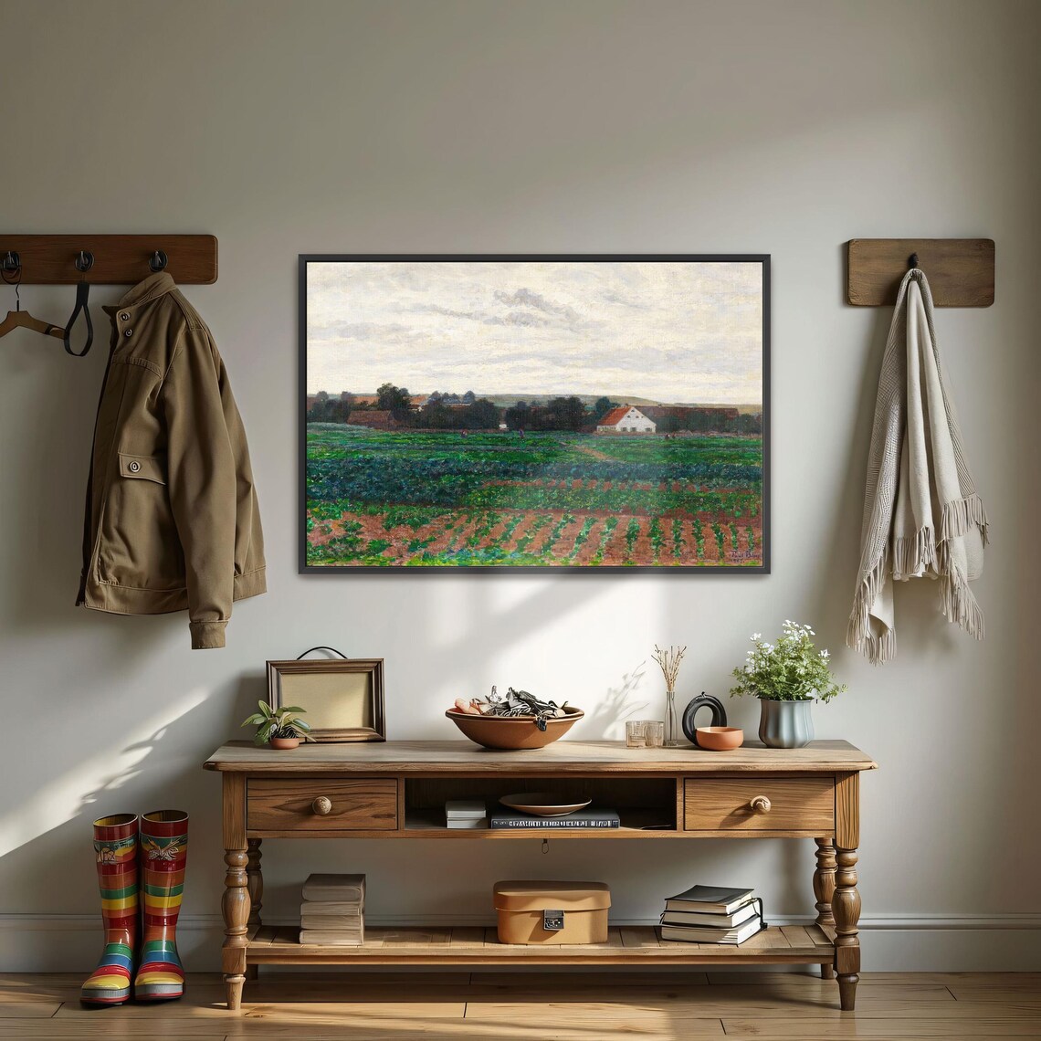Farmhouse On The Edge Of Green Fields Under A Cloudy Sky Poster