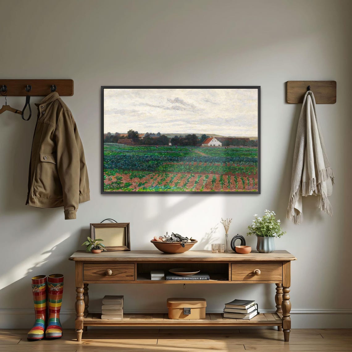 Framed Wall Art Of Farmhouse In A Field With Cloudy Sky Landscape Wall Art Green And Brown Entryway Art Rustic Oil Painting
