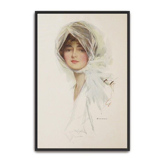 Woman in a White Veil Vintage Early 1900s Portrait Illustration Poster