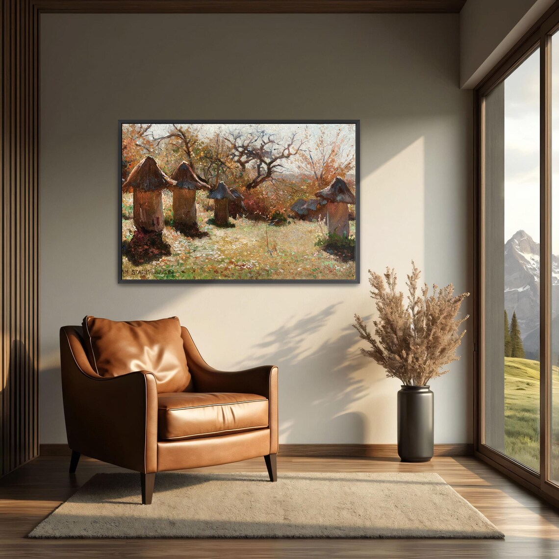Framed Print Of Beehive Huts In A Forest Clearing Landscape Fine Art Print Brown And Green Living Room Artwork Boho Art Print - Image 3
