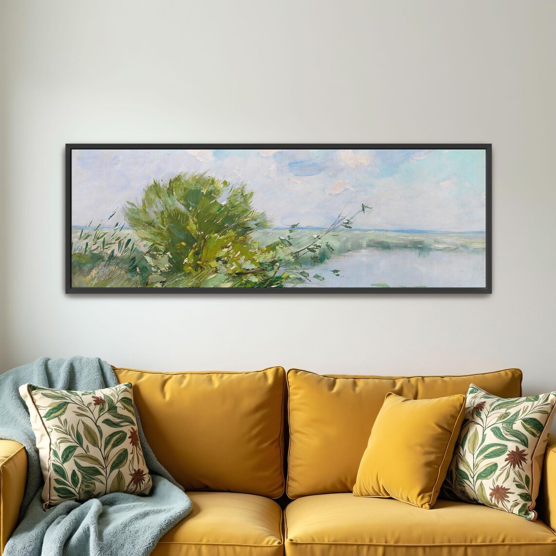 Impressionist Landscape With Green Trees And Water Panoramic Wall Art Horizontal Framed Art Above Bed Wall Art Bedroom And Living Room