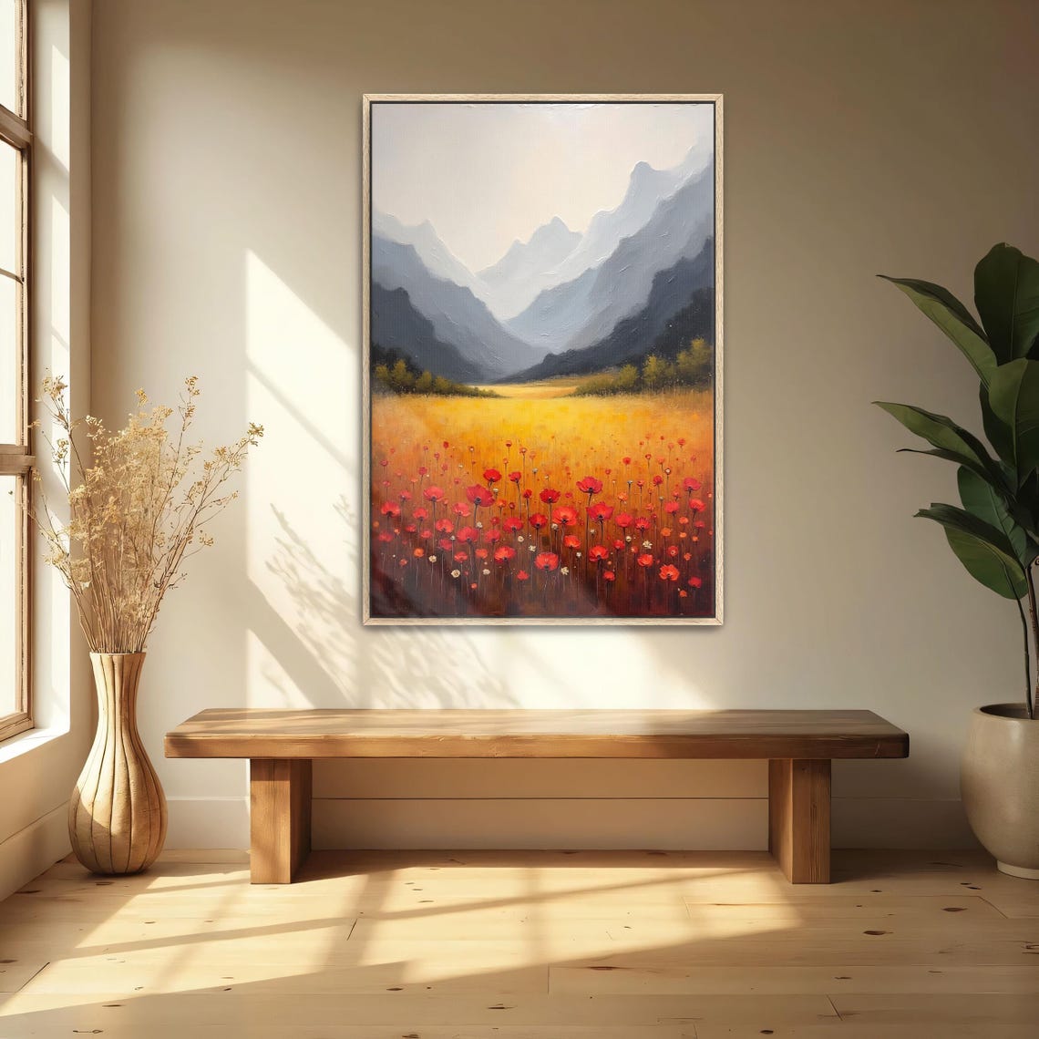 Mountain Meadow Poppy Field with Misty Peaks Landscape Poster - Image 4