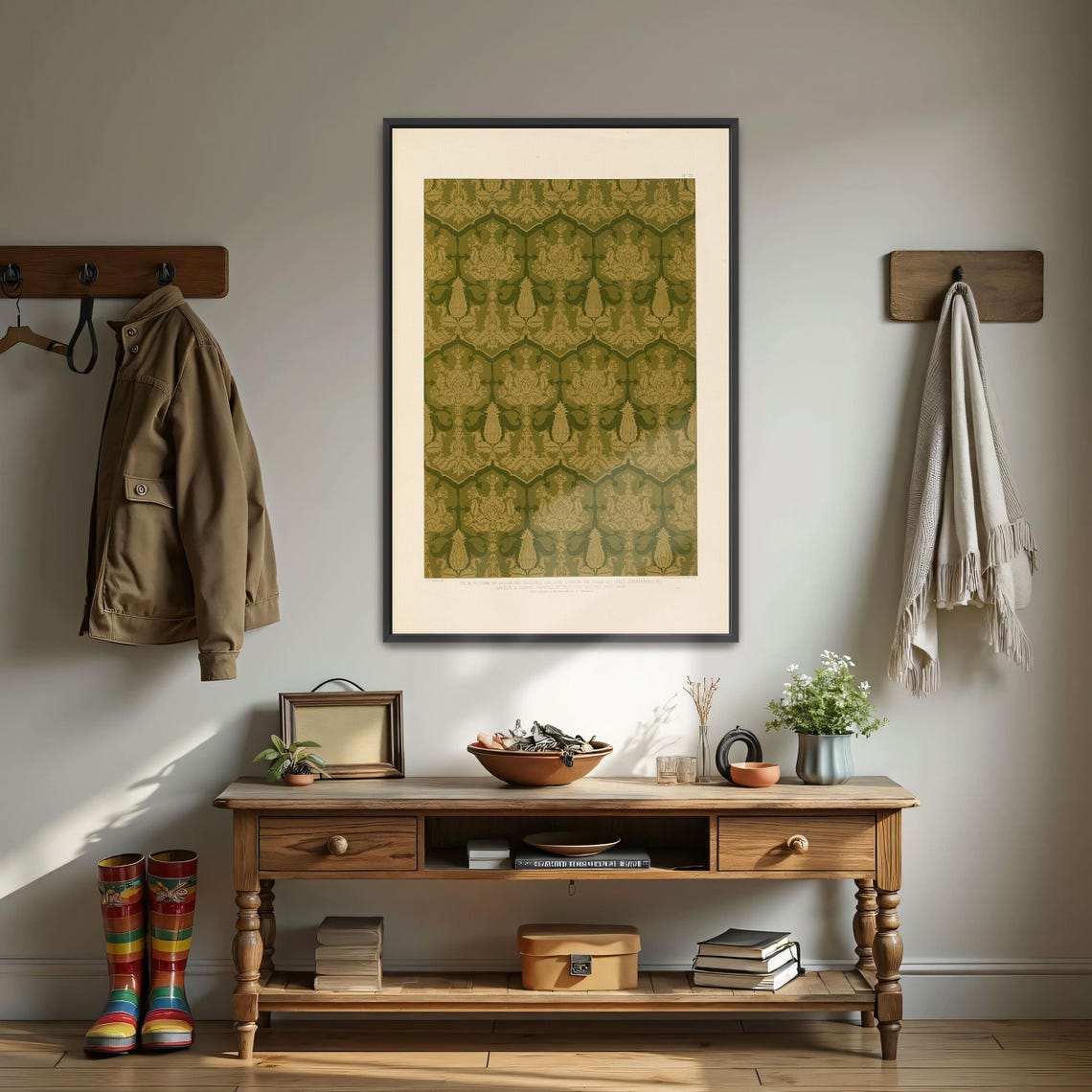 Green And Gold Damask Floral Pattern Renaissance Study Poster - Image 3