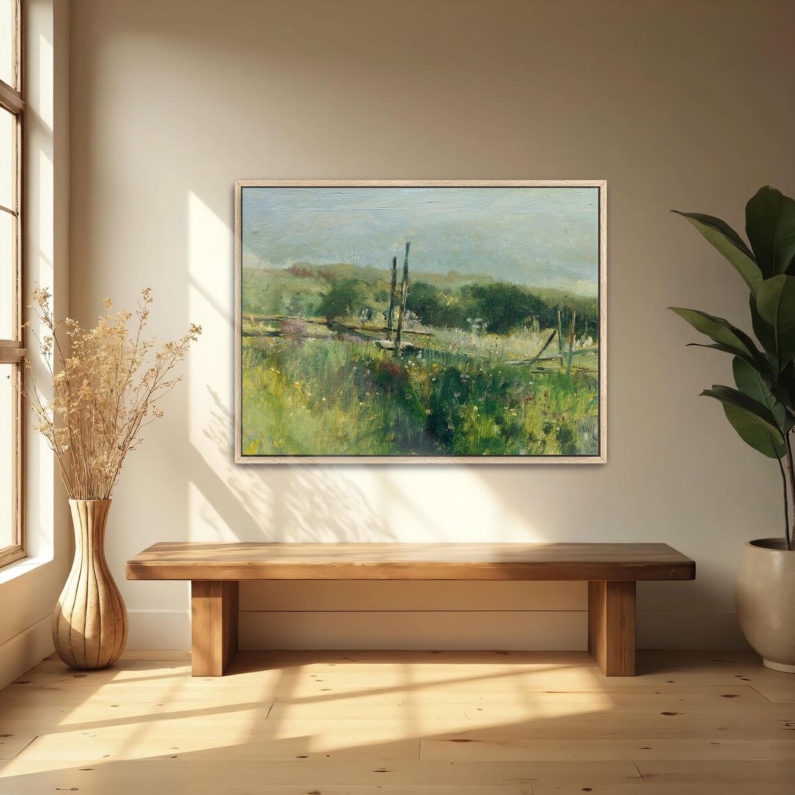 Large Framed Print Of Field With Fence And Trees Landscape Wall Art Green And Blue Bedroom Artwork Rustic Oil Painting - Image 4