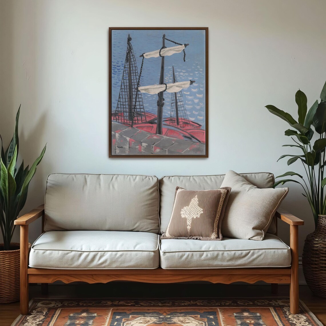 Naive Painting Of Two Red Fishing Boats Moored At The Dock Poster - Image 5