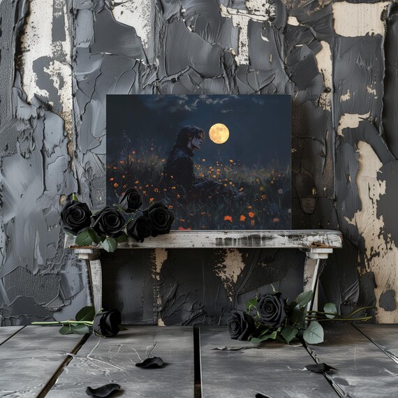 Gothic Vampire Sitting in a Wildflower Meadow Under the Moon Night Art Poster