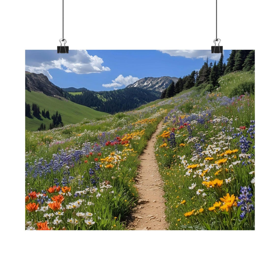 Alpine Meadow Flower Trail Snowy Peaks Blue Sky Summer Poster