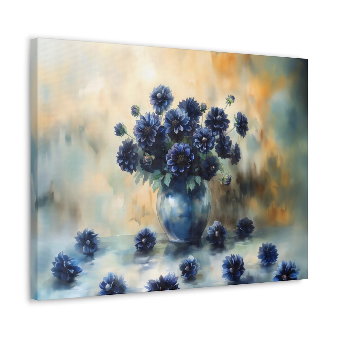 Dark Blue Dahlias in Vase Golden Haze Watercolor Floral Poster - Image 3