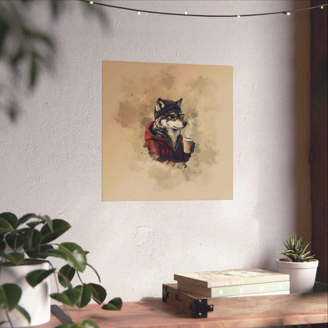 Cool Wolf Wearing a Beanie and Plaid Hoodie Drinking Coffee Funny Poster - Image 3