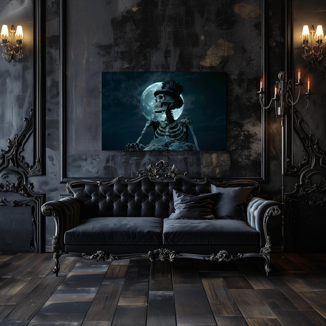Skeleton in Top Hat Under a Full Moon Gothic Night Art Poster