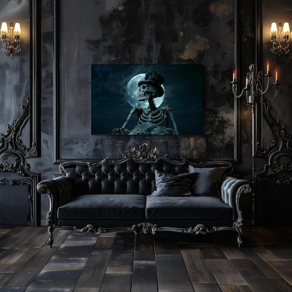 Skeleton in Top Hat Under a Full Moon Gothic Night Art Poster