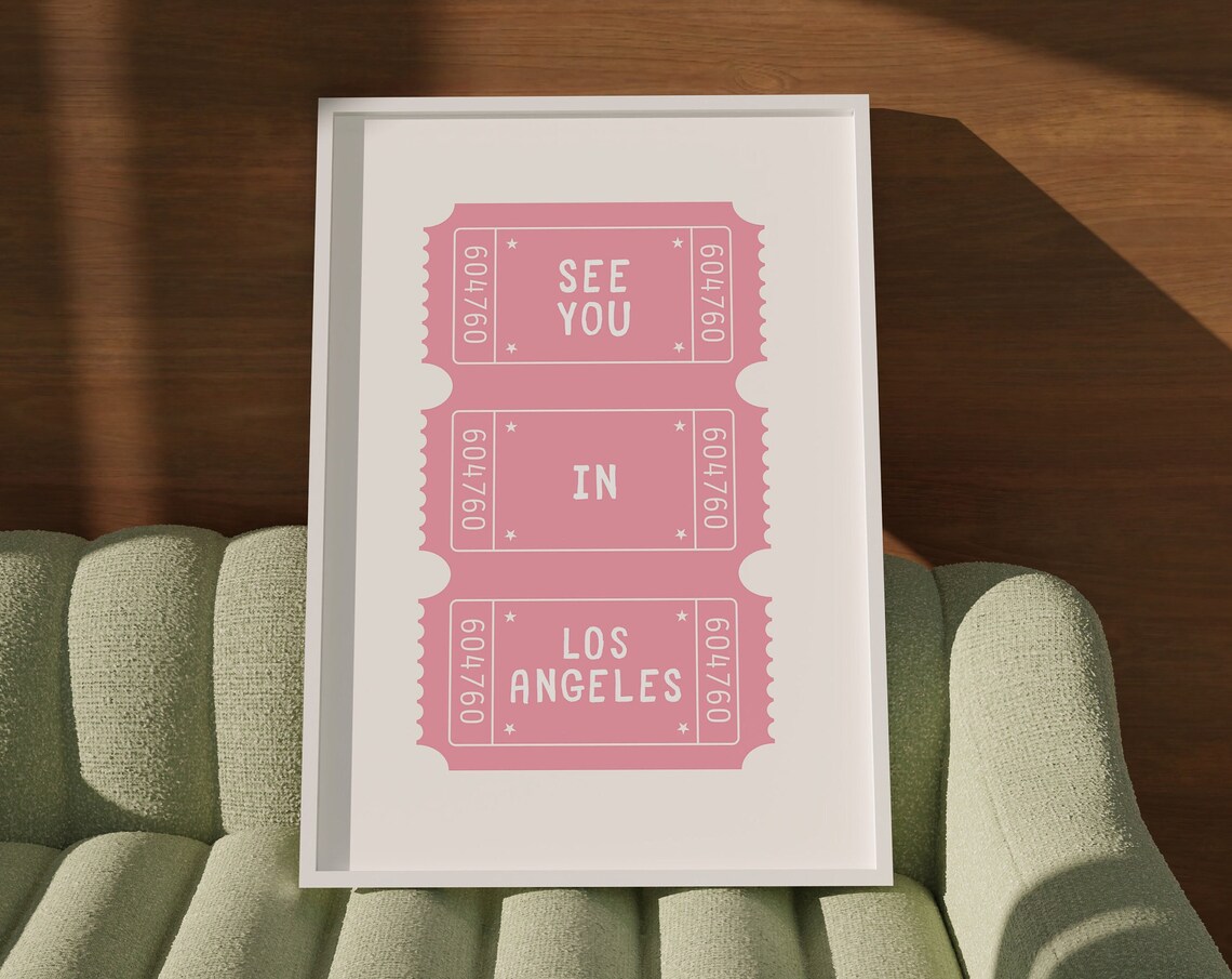 See You in Los Angeles Pink Ticket Stub Retro California Travel Print