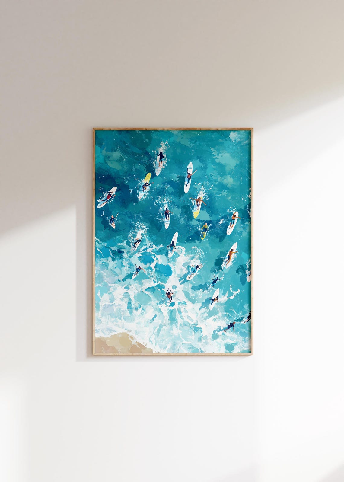 Surfers Paddling Aerial Ocean Painting Poster Turquoise Waves Decor - Image 4
