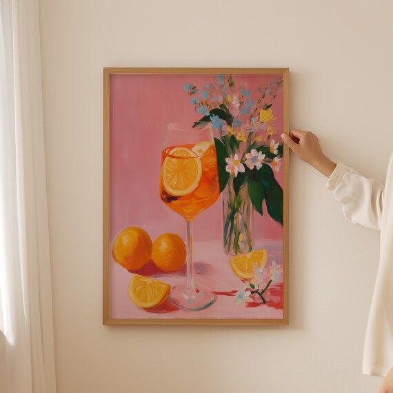 Pink Aperol Spritz Cocktail With Oranges Floral Bar Art Poster