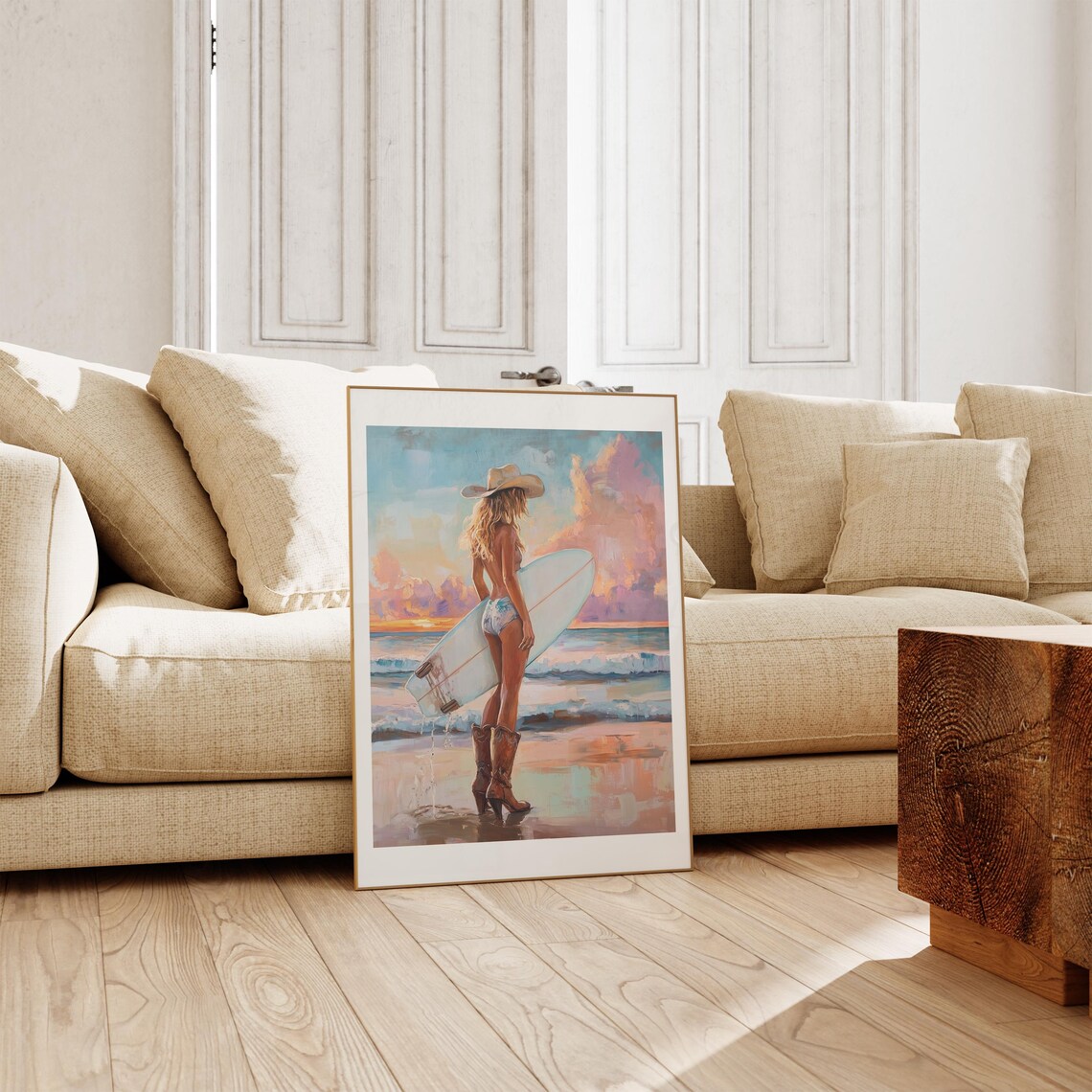 Coastal Cowgirl Surfer Hat Boots Sunset Surf Painting Poster - Image 3