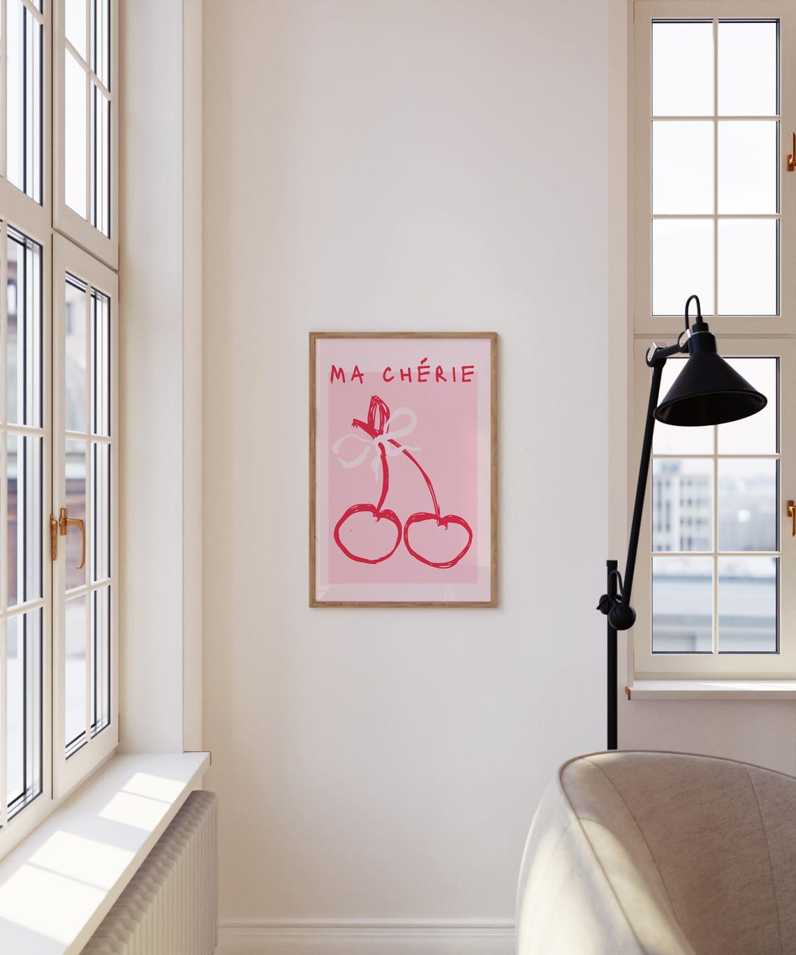 Ma Cherie Pink Cherry Bow Hand Drawn Line Art Coquette Poster - Image 4
