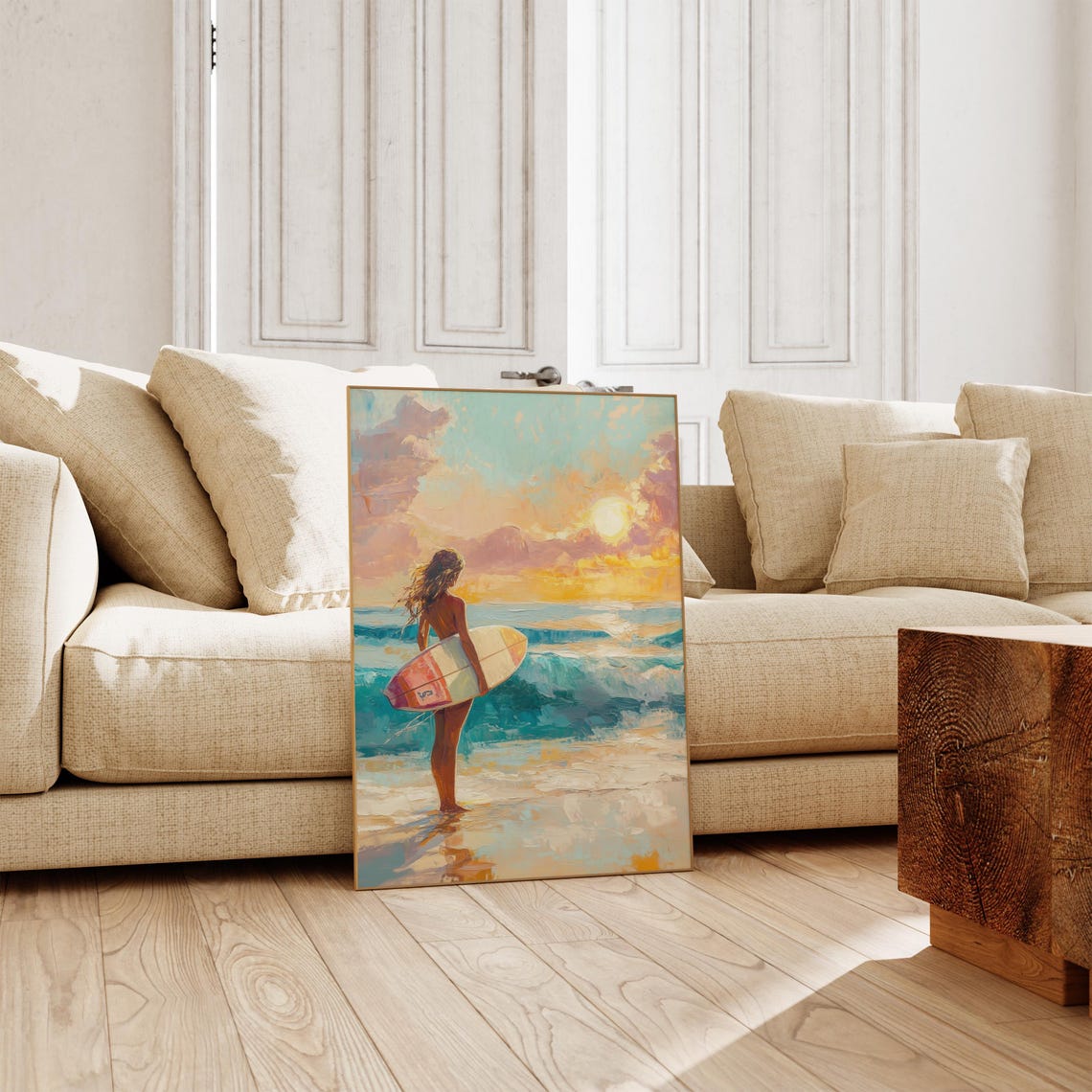 Surfer Girl Sunset Beach Surfboard Golden Painterly Art Poster - Image 3