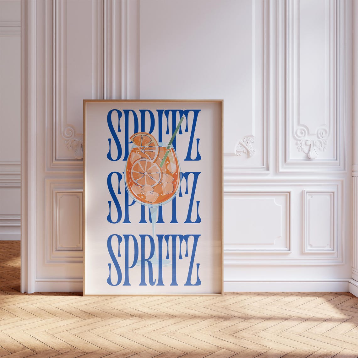 Spritz Blue Typography Poster Orange Cocktail Glass Retro Bar Art