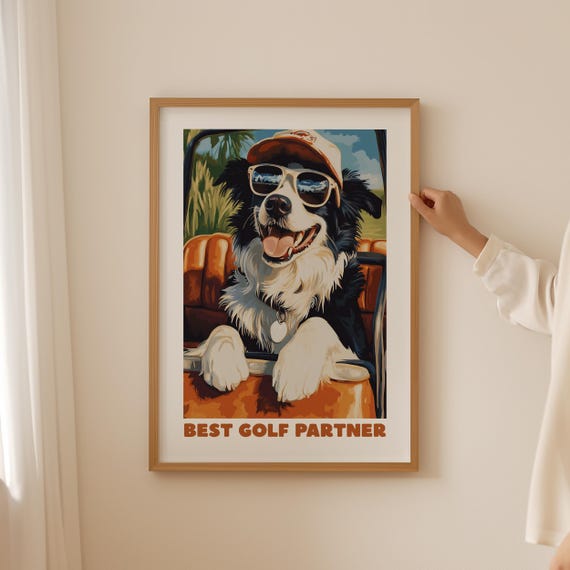Funky Border Collie Poster Quirky Golf Lover Wall Art For Funny Bathroom Decor Vintage Dog Print Hobby Women Or Men Gifts
