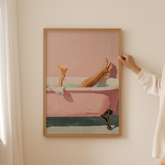 Pink Bathtub Cocktail Self Care Fun Whimsical Bathroom Art Poster