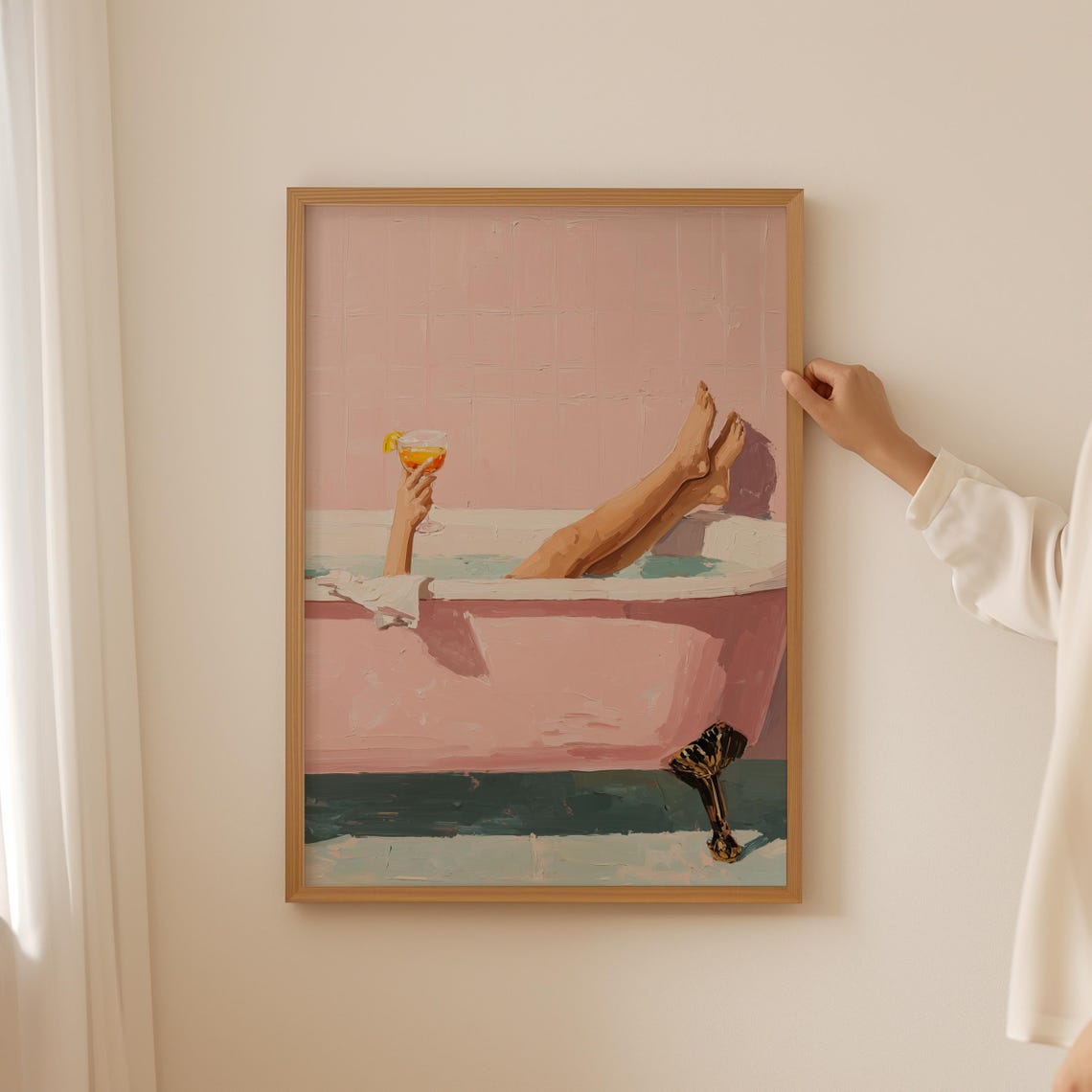 Pink Bathtub Cocktail Self Care Fun Whimsical Bathroom Art Poster