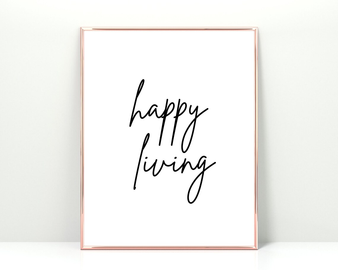 Happy Living Handwritten Script Minimalist Inspirational Quote Wall Art