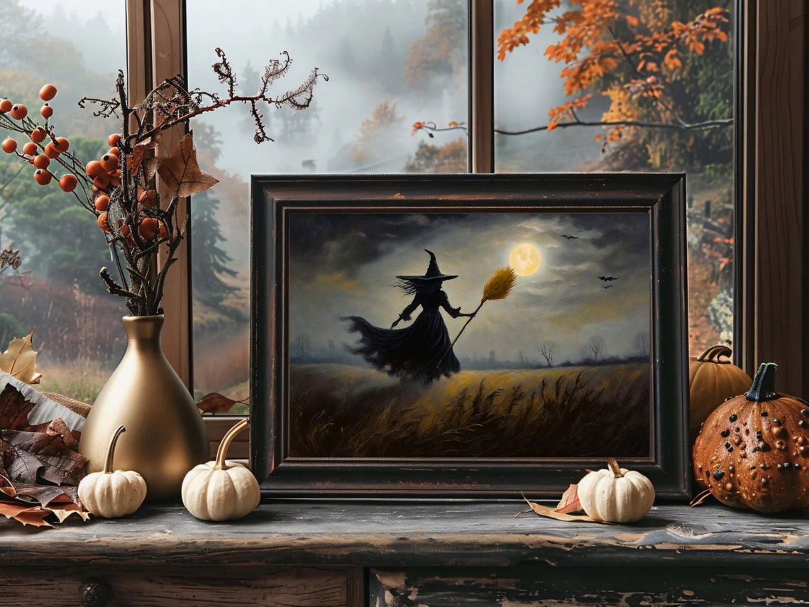 Witch Flying on Broomstick Across Moonlit Field Halloween Poster - Image 4