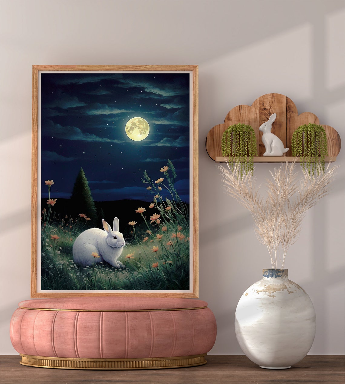 White Rabbit in Moonlit Wildflower Meadow Night Sky Art Print - Image 3
