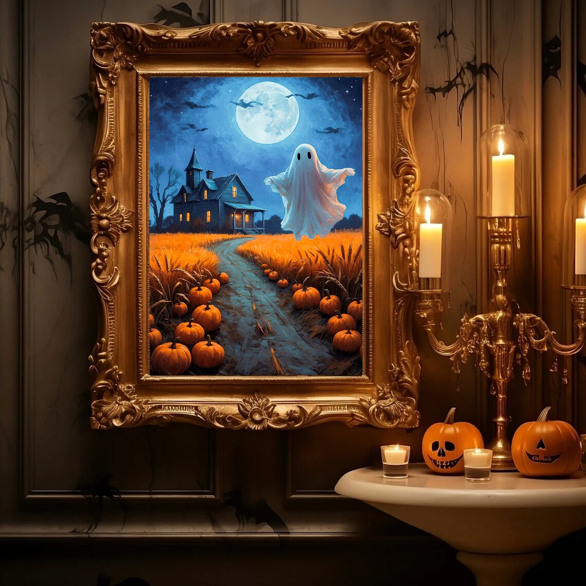 Cute Ghost Under Full Moon On Pumpkin Path By Old House Halloween Painting Poster - Image 4