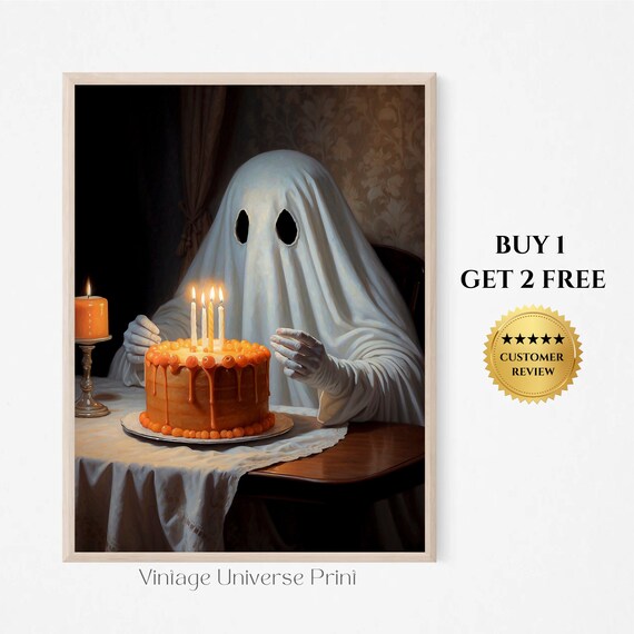 Ghost Celebrating with a Candle Lit Birthday Cake Sweet Party Poster