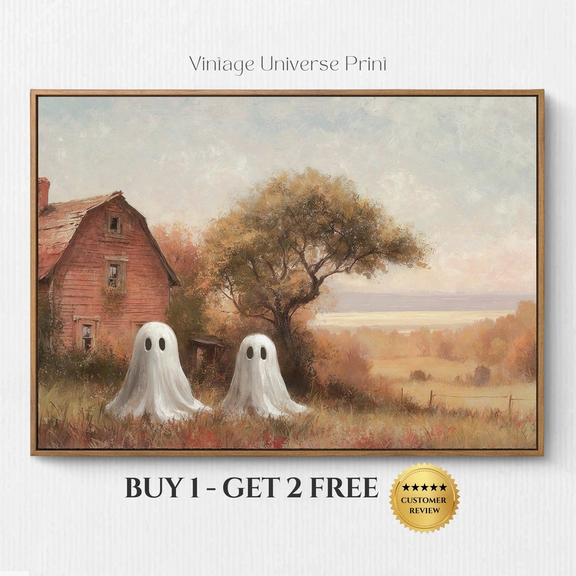 Cute Ghost Pair At Old Red Barn Autumn Meadow Halloween Decor Poster