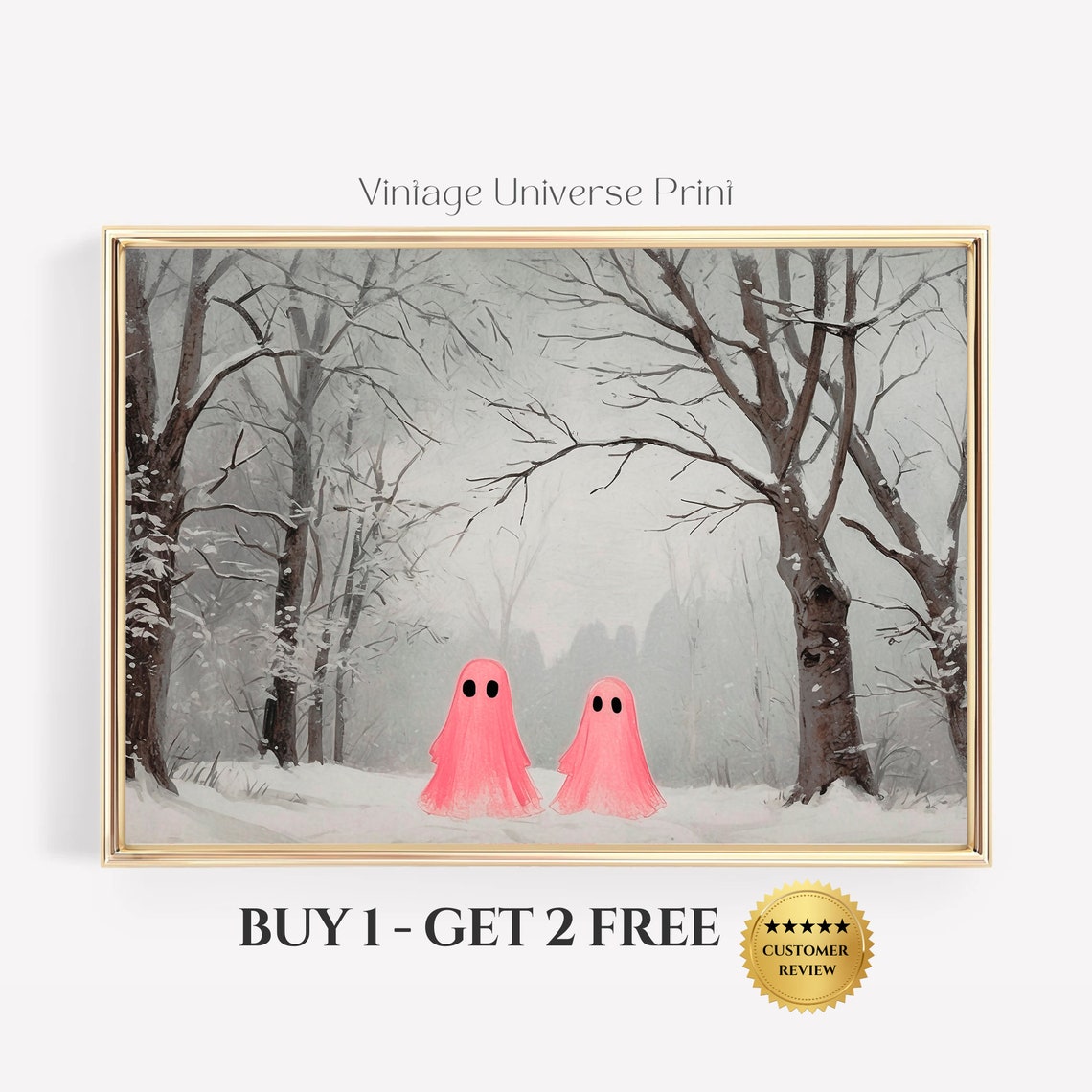 Two Pink Ghosts in Snowy Bare Tree Forest Quiet Winter Print