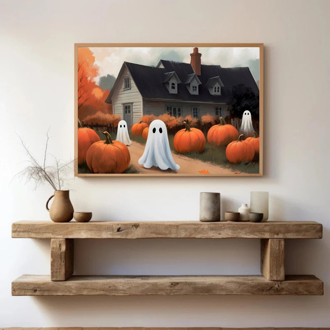 Cute Ghosts Gathering Pumpkins At A Spooky Autumn Farmhouse Halloween Art Poster - Image 5