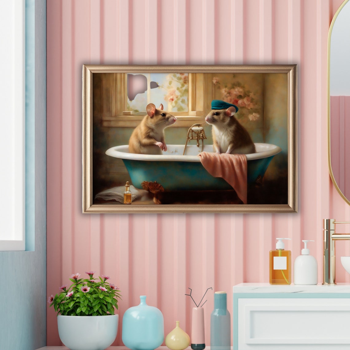 Two Mice in a Teal Bathtub with One Wearing a Blue Beret Whimsy Poster - Image 4