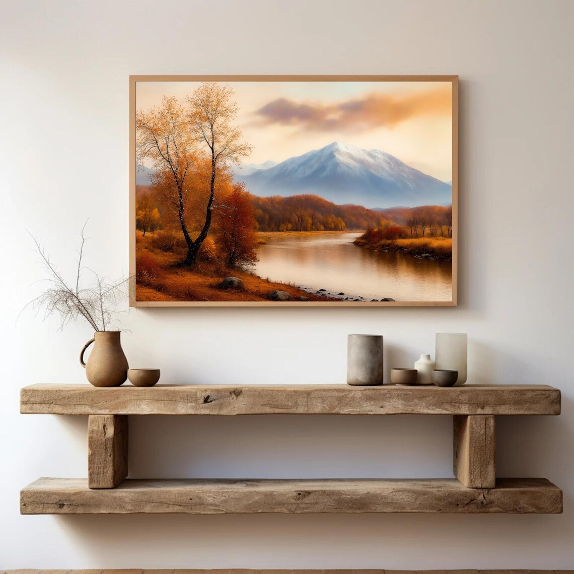 Autumn River Valley Snowy Mountain Vintage Oil Painting Poster - Image 2