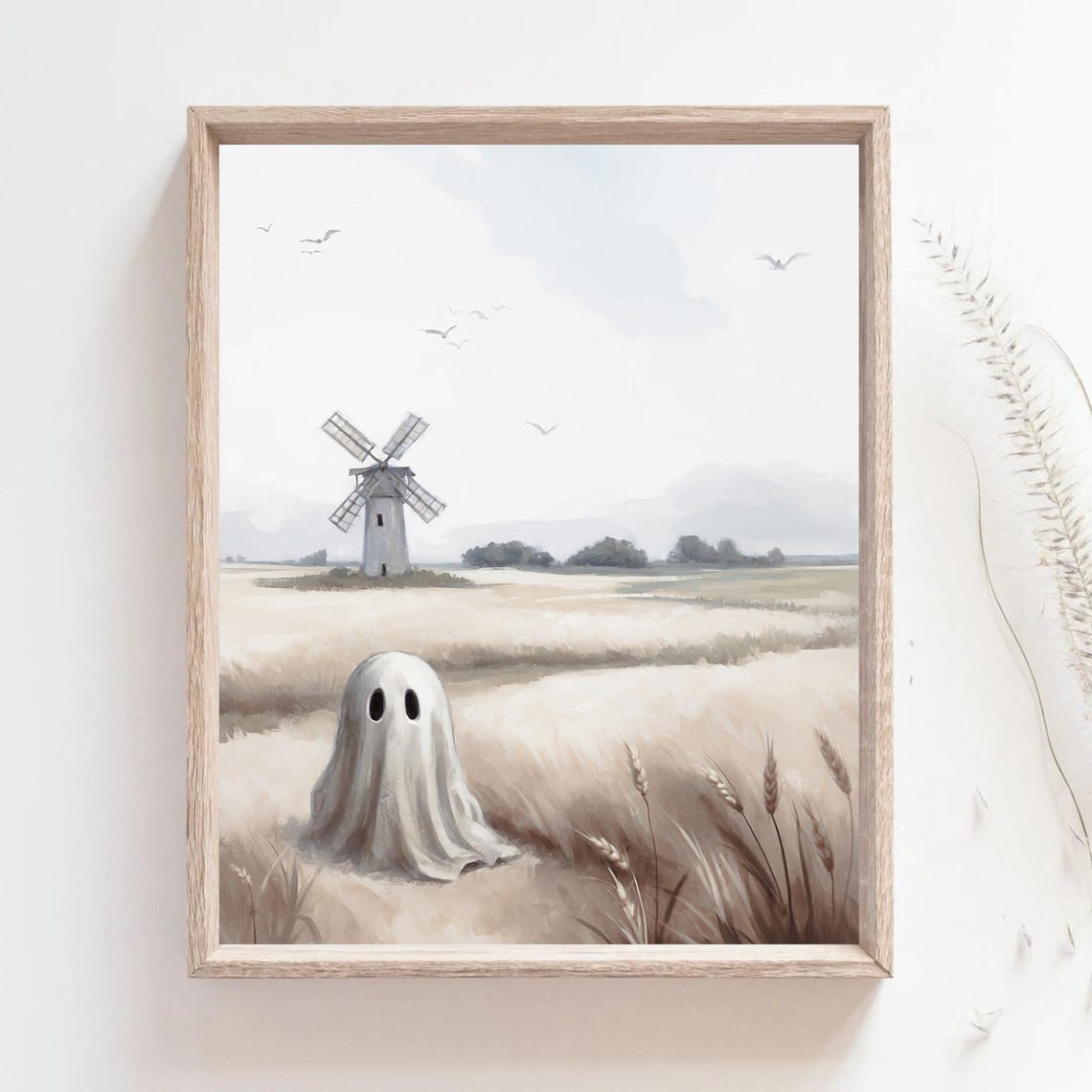 Vintage Windmill Ghost Painting Rustic Fall Landscape Ghost Spooky Ghost Painting Cute Ghost Art Farmhouse Wall Art Halloween - Image 5