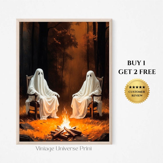 Ghosts Around A Campfire Print Ghosts Camping Spooky Cute Ghost Autumn Forest Wall Art Ghost Camp Fire Wall Art Halloween 141