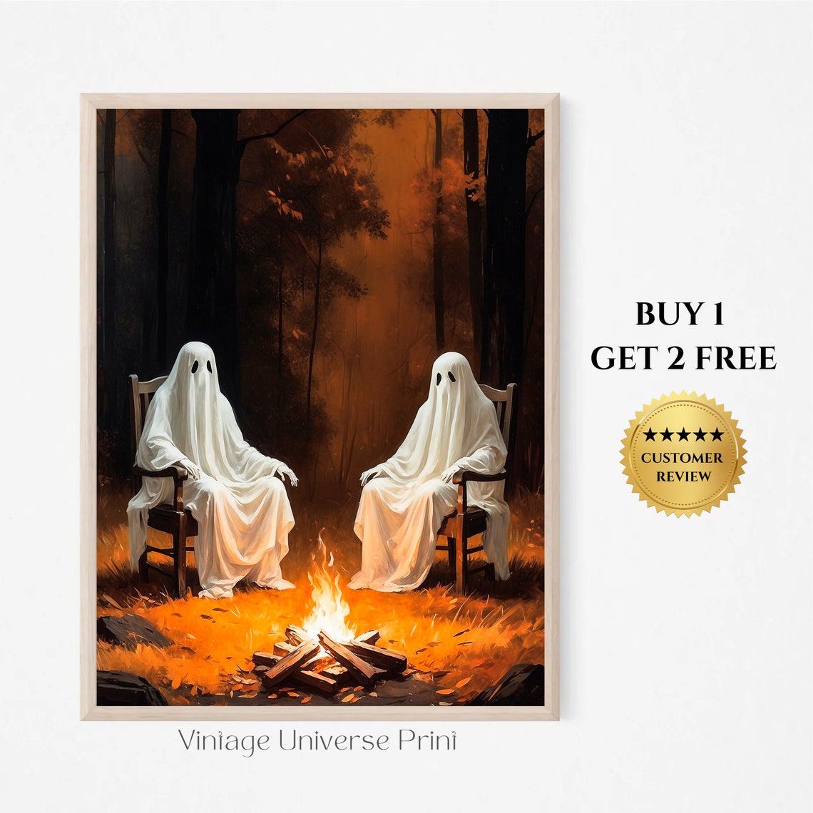 Ghosts Around A Campfire Print Ghosts Camping Spooky Cute Ghost Autumn Forest Wall Art Ghost Camp Fire Wall Art Halloween 141