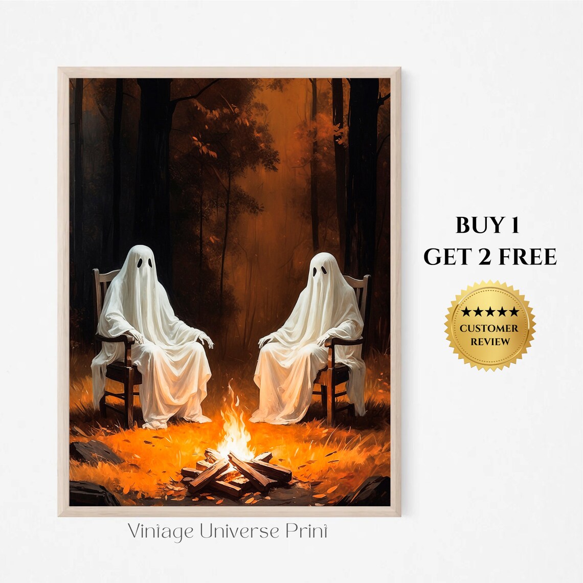 Two Ghosts Sitting By A Crackling Campfire In An Autumn Forest Painting Poster