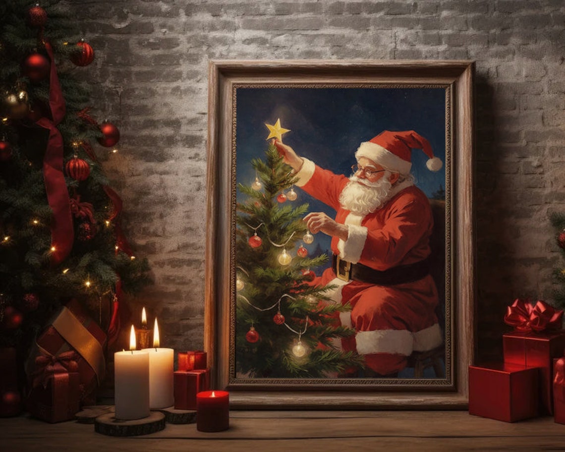 Santa Claus Vintage Oil Painting Christmas Tree Oil Painting Christmas Wall Art Santa Rustic Wall Art Retro Winter Print Noel Art Print - Image 3